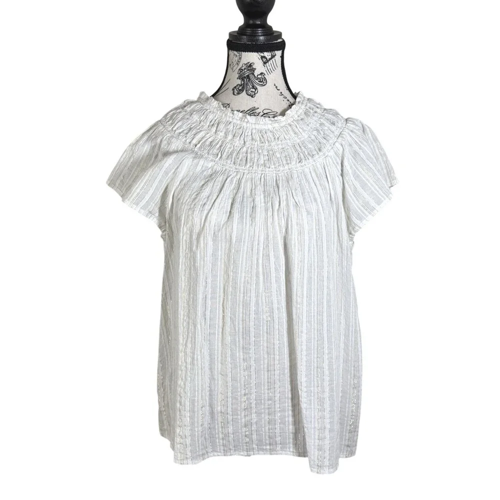 LOFT Womens White Gold Thread Smocked Neck Blouse Size L Boho Short Sleeve Tunic